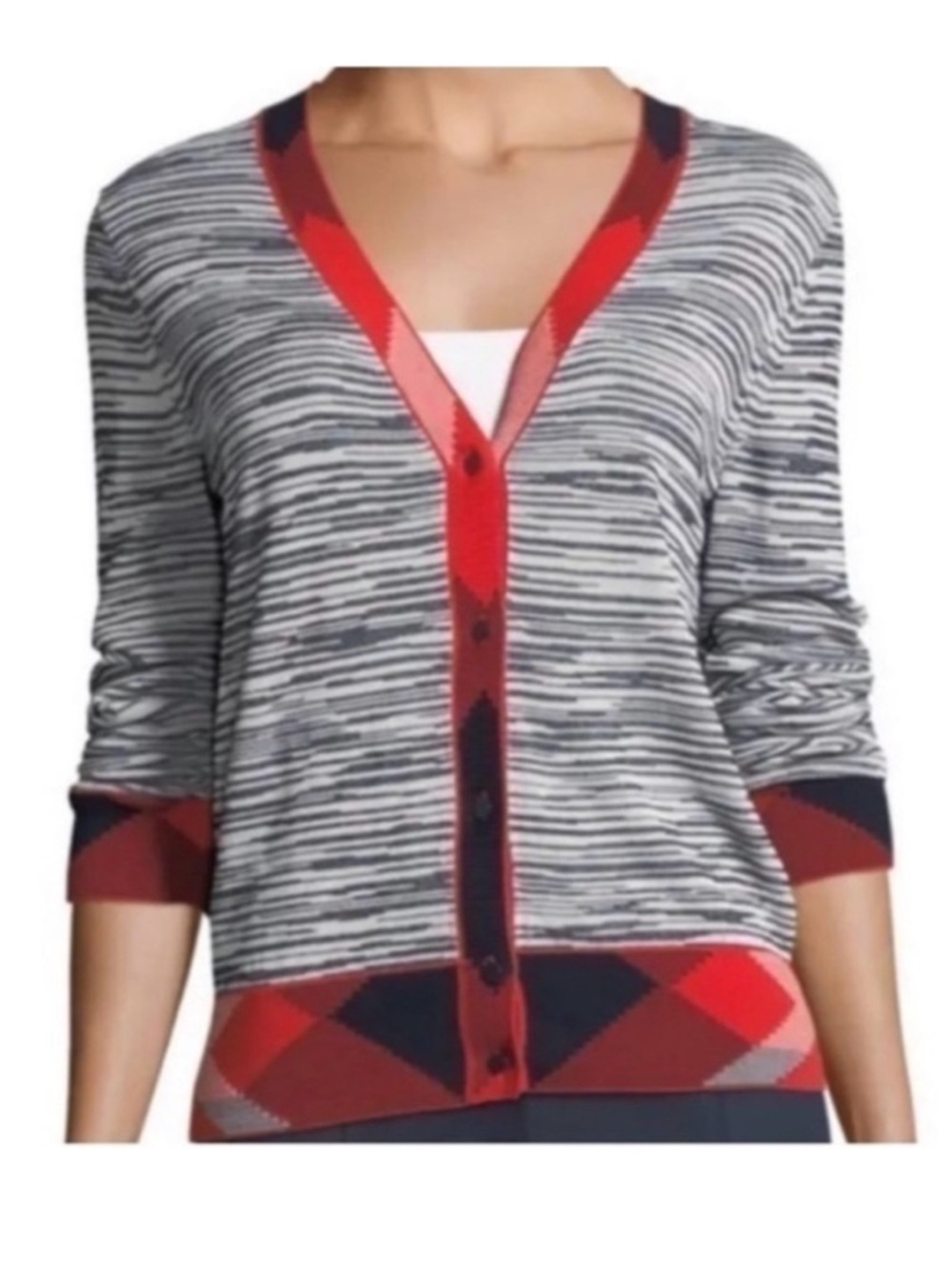 Tory Burch Arielle Cardigan Contrast Trim Navy Blue Red Ivory XS